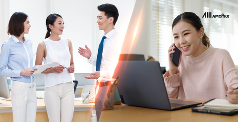 A visual showing two sides, one side shows three people working in an office, having a discussion while the other one shows a person working from home. The visual shows hybrid working environment